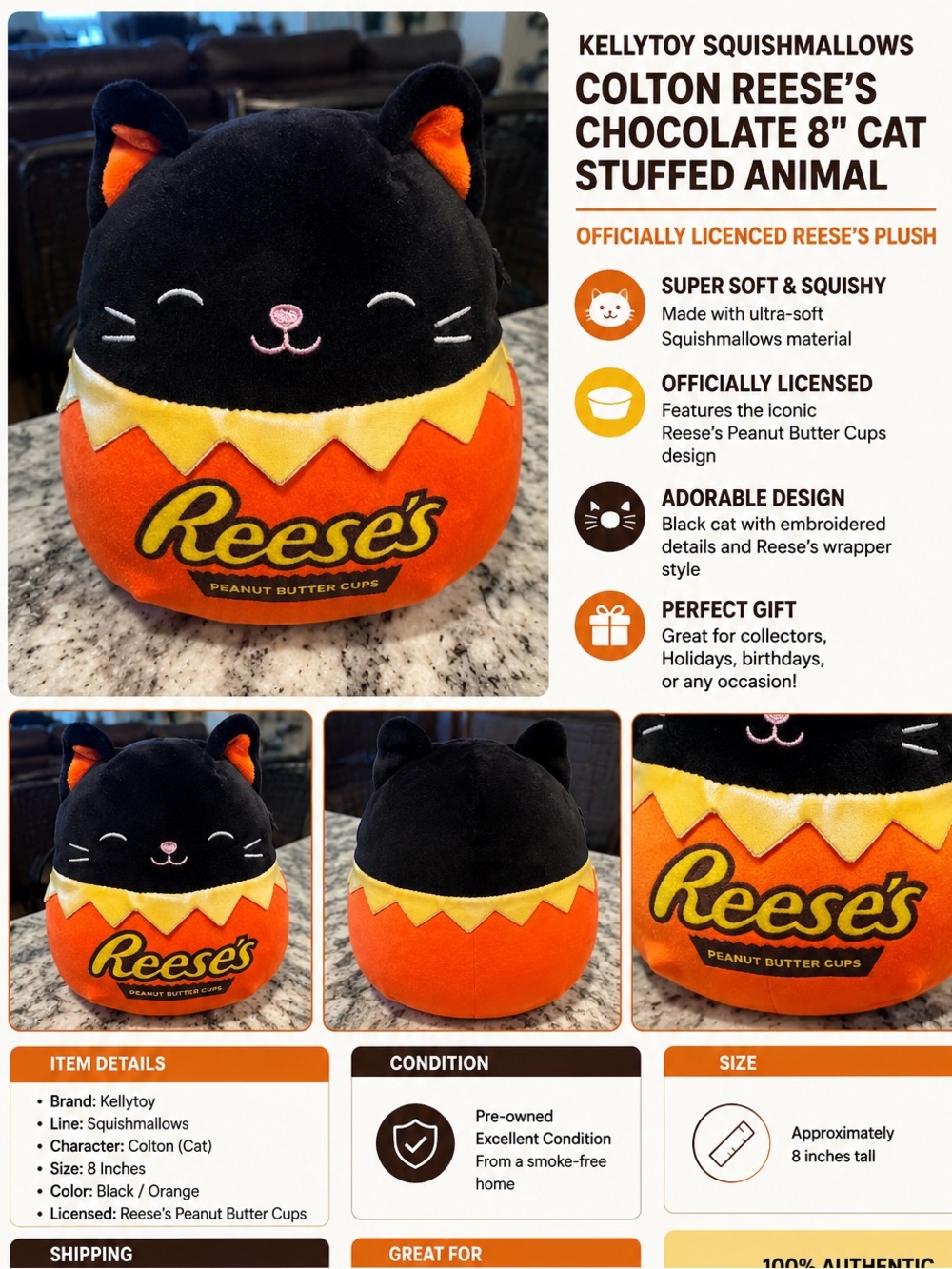 Kellytoy Black & Orange Reese's Cat Squishmallow Plush
